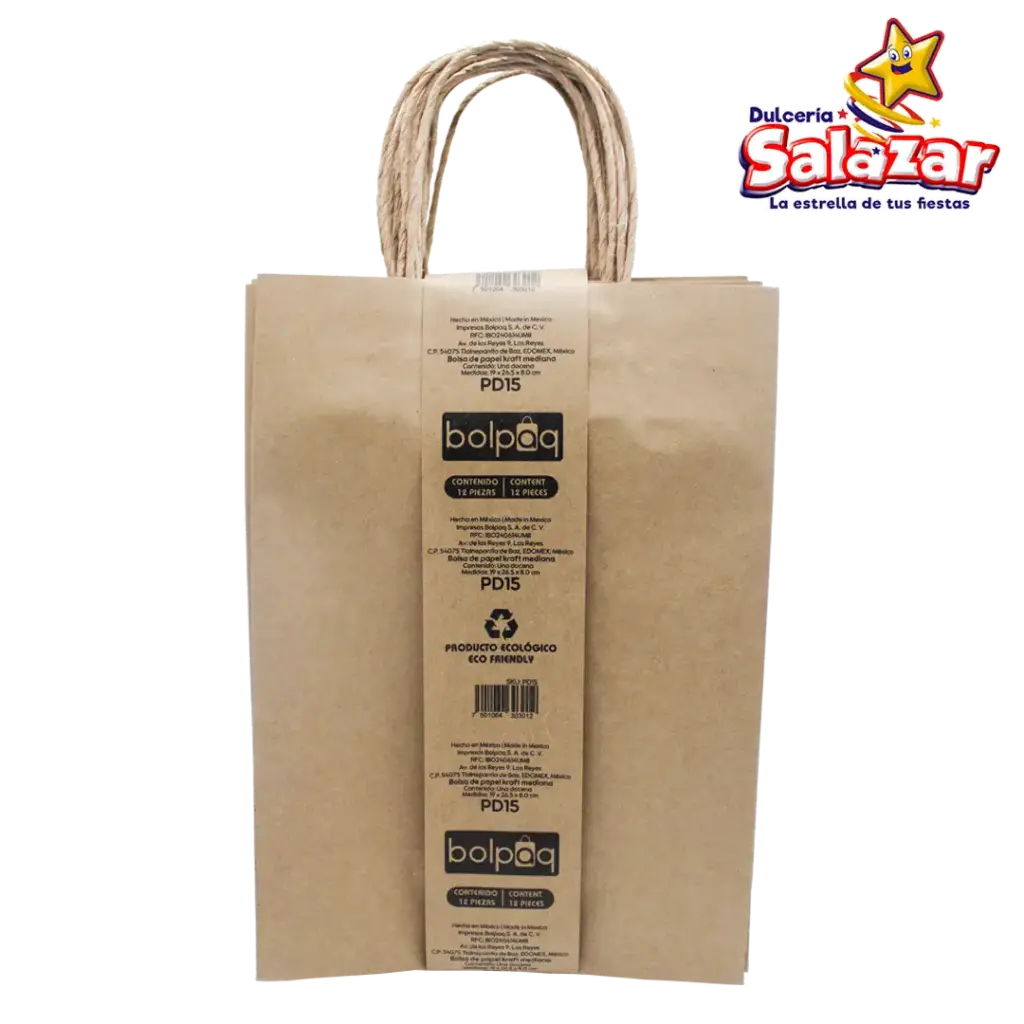 BOLSA KRAFT CON ASA MEDIANA 15D40 19X8X26.5 -B.12PZA- "C/40/12"