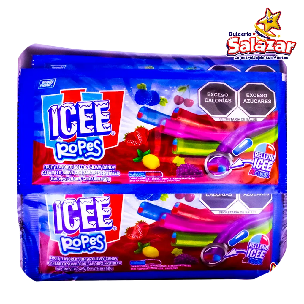 [BON0411] CARAMELO SUAVE CON SABORES FRUTALES ICEE ROPES D.600G- "C/12/12"