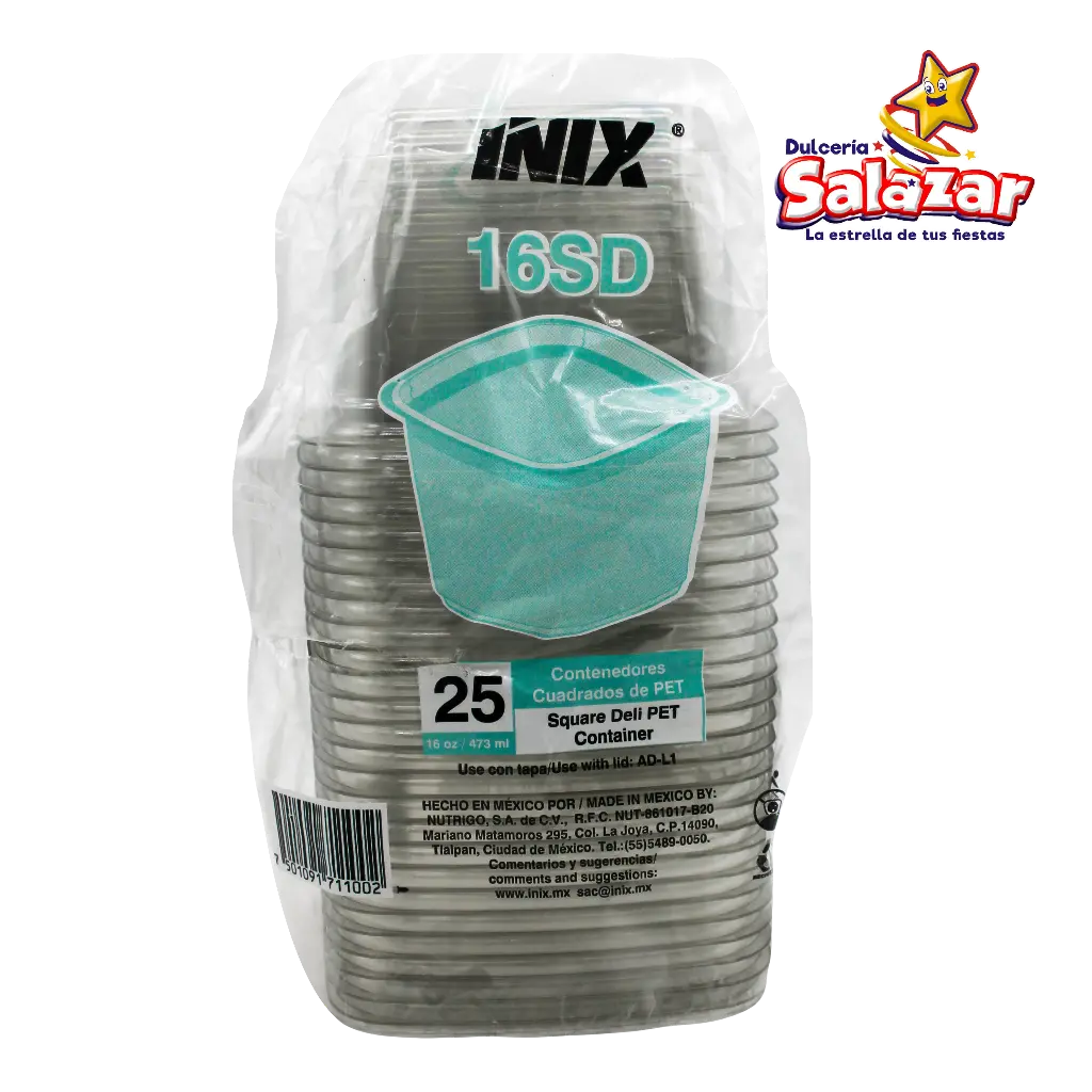 [INIX0018] CONTENEDOR CUADRADO PET 16 OZ 11.4 X 7.4 CM INIX 16SD  -B.25PZA- "C/20/25"