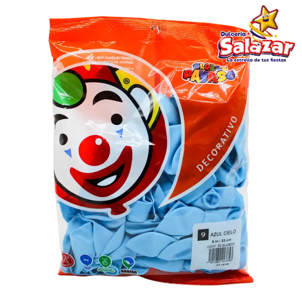GLOBO #9 DEC. AZUL CIELO PAYASO -B.50P- "C/100/50"