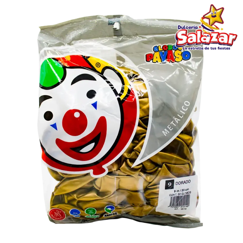 [SEL0019] GLOBO #9 METALICO DORADO PAYASO -B.50P- "C/100/50"