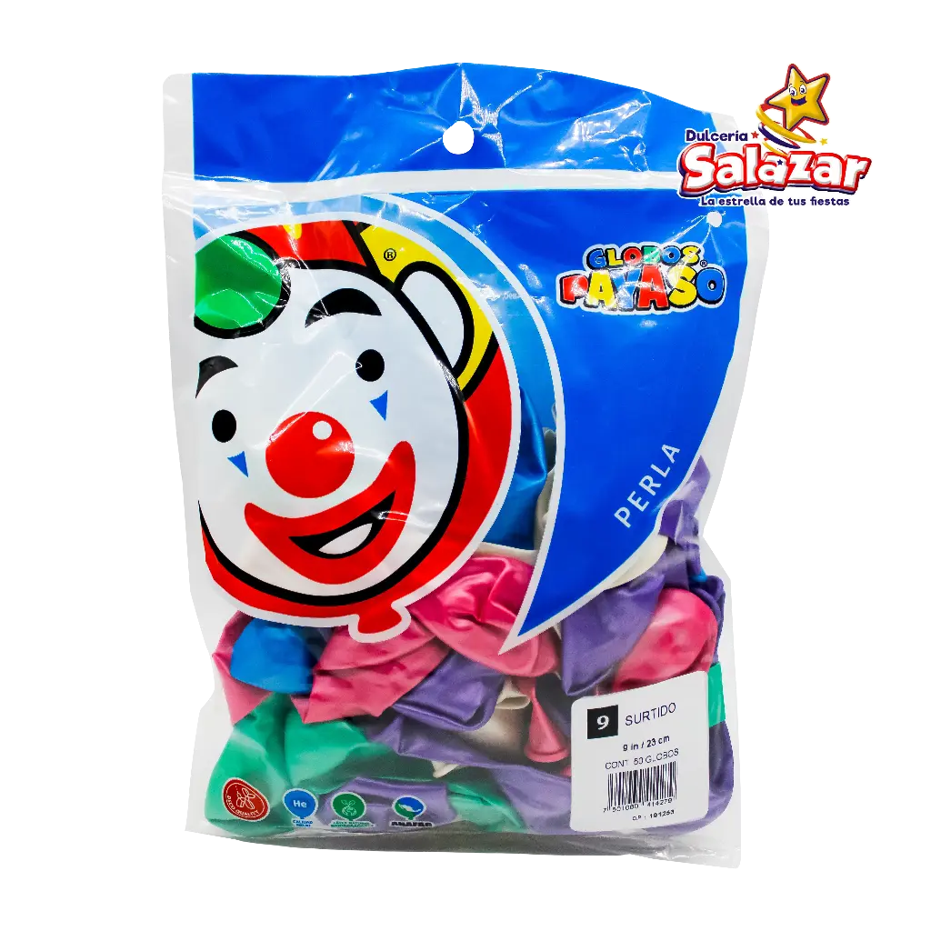 [SEL0109] GLOBO #9 METALICO PERLA SURTIDO PAYASO -B.50PZA-"C/100/50"