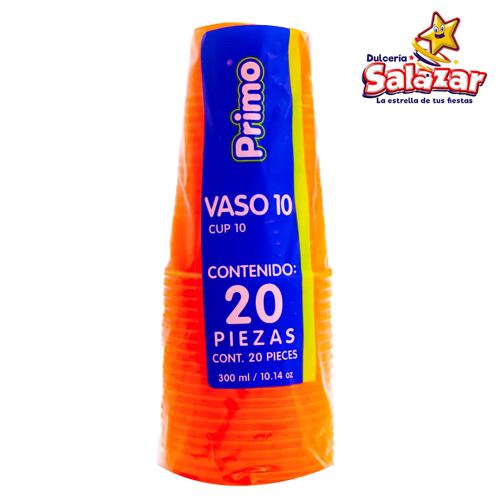 [PRI0019] VASO PLAST #10 NARANJA NEON PRIMO -B.20PZA- "C/20/20"