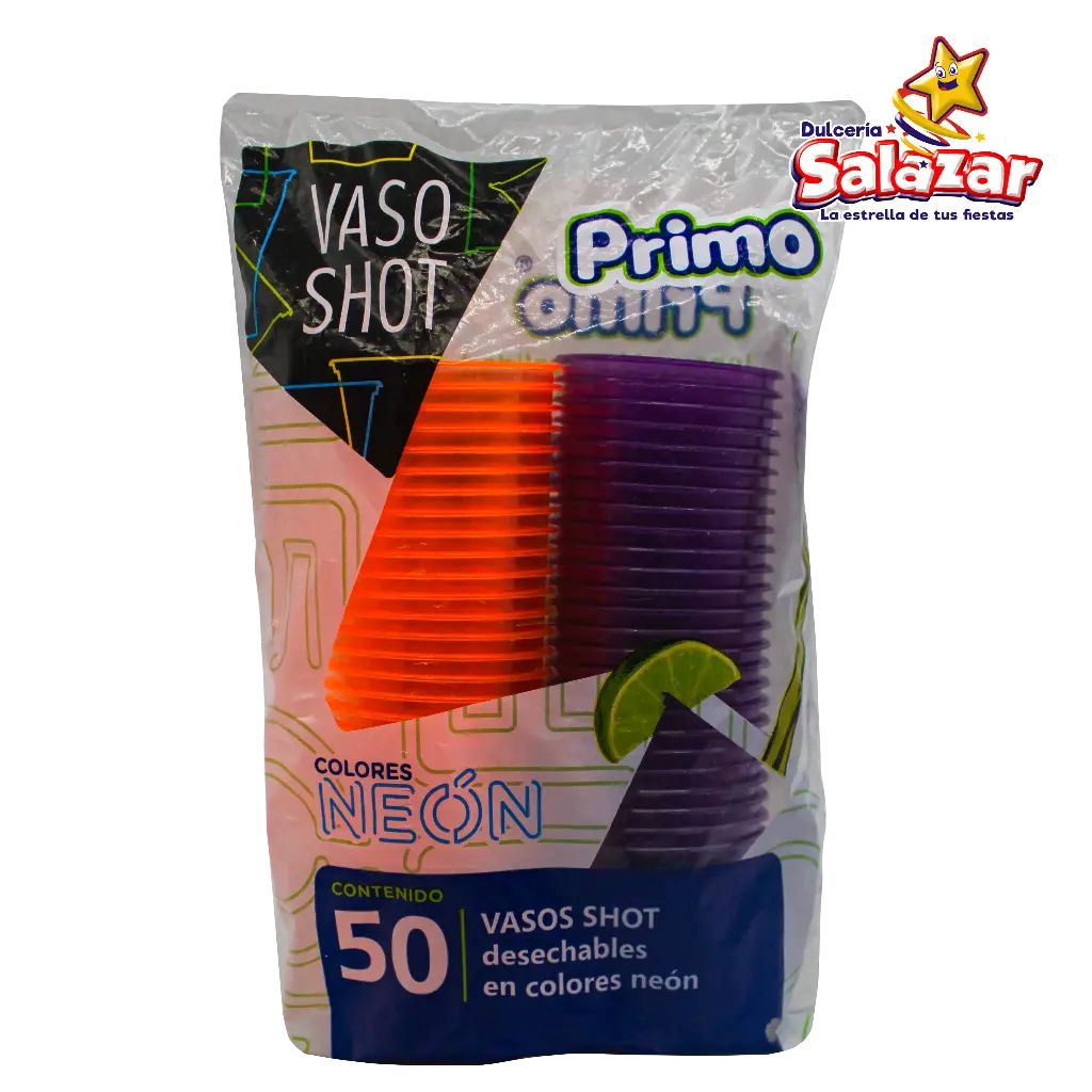 [PRI0025] VASO PLAST #2 NEON NARANJA/MORADO PRIMO -B.50PZA- "C/20/50"